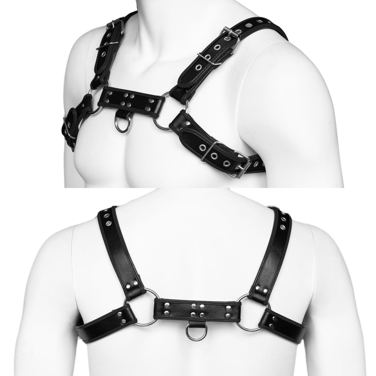 TsujiYa Men's PU Leather Body Chest Harness, Adjustable Contrast Wrapped Edge Straps, for Music Festivals, Rave Costumes (BLACK)