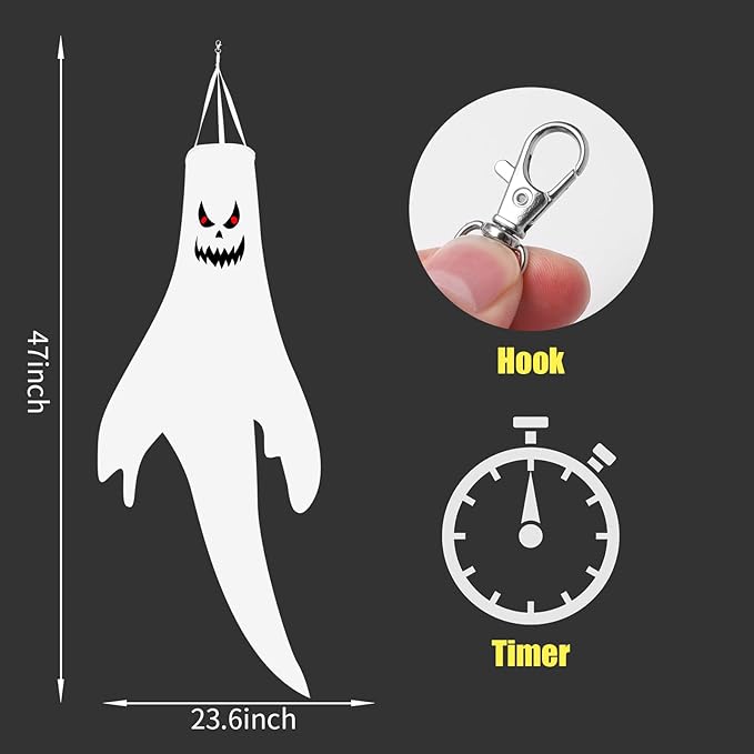 Halloween-Decorations-Outdoor Hanging-Ghost Windsocks for Trees with Timer, LED Ghosts to Hang in Tree Porch Yard, Waterproof, Timer, 4 Pcs (No Batteries)