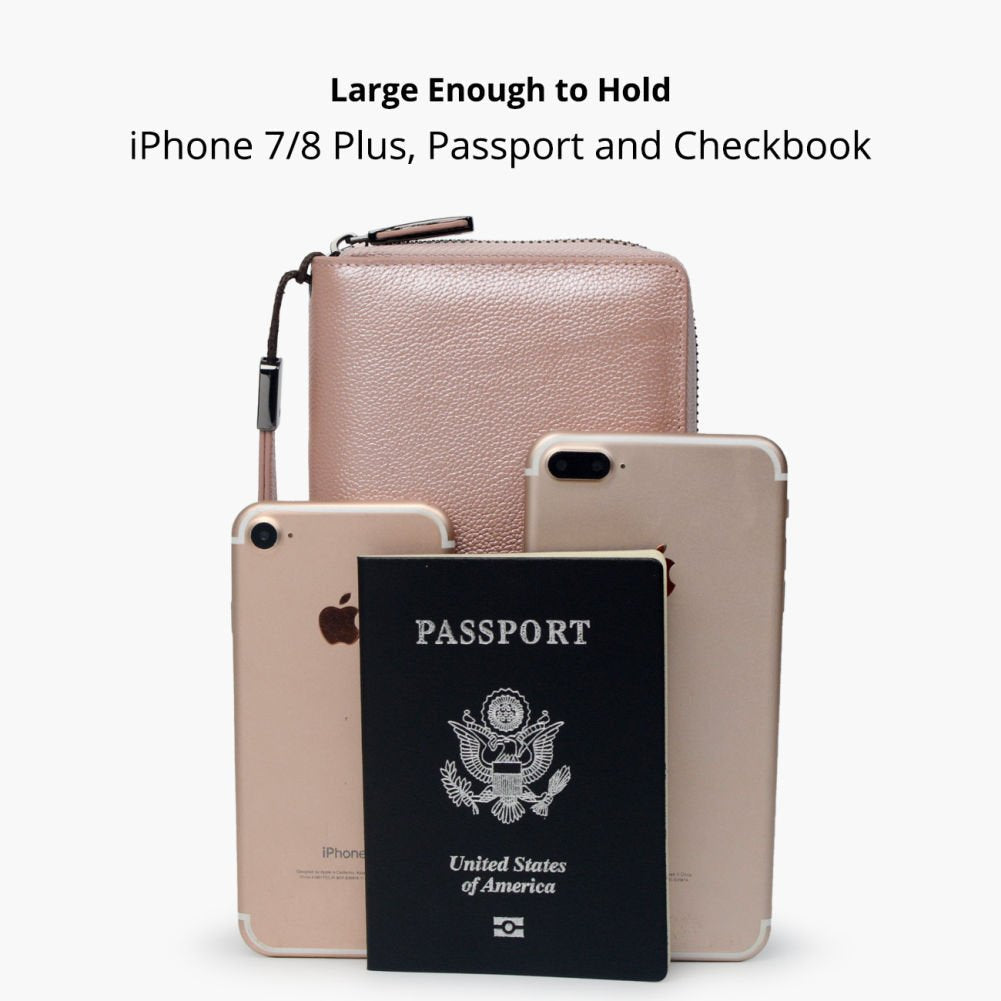 Bveyzi Women RFID Blocking Wallet Leather Zip Around Phone Clutch Large Capacity Ladies Travel Purse Wristlet (Rose Gold)