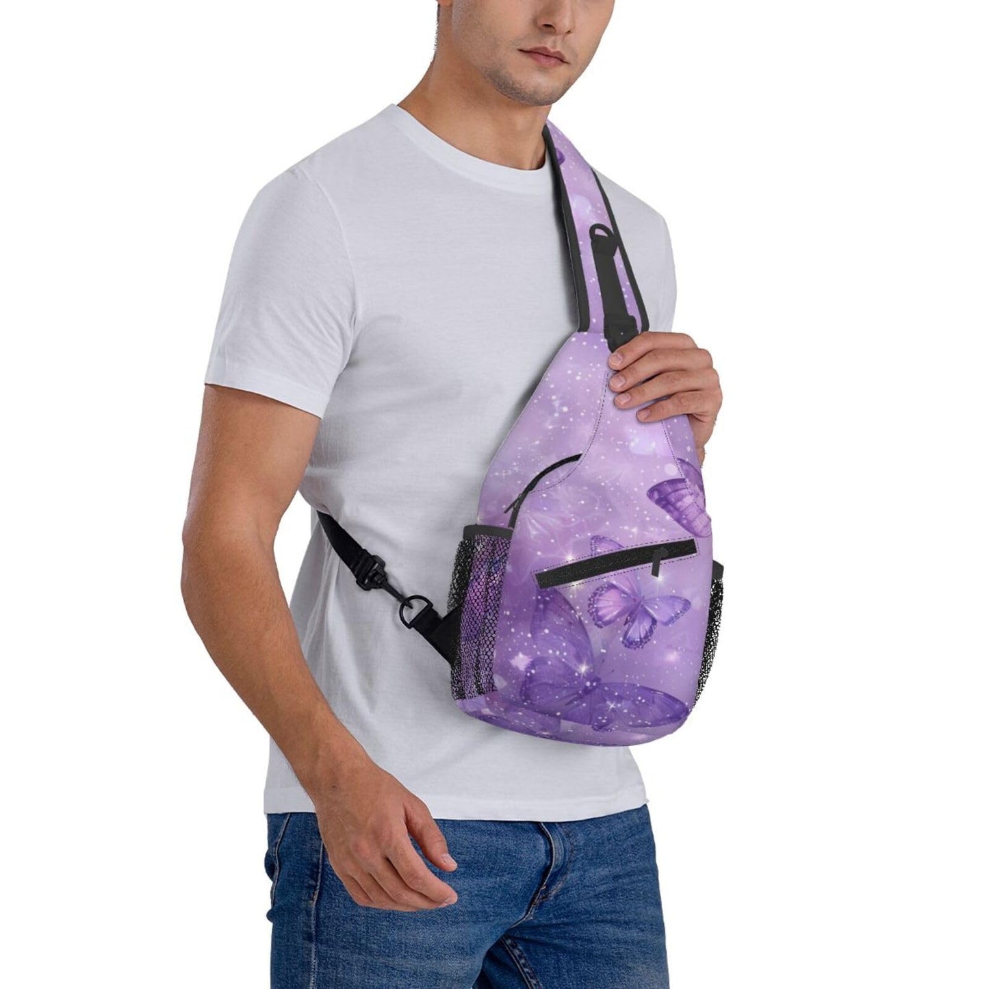 SUPLUCHOM Sling Bag Butterfly Purple Pastel Hiking Daypack Crossbody Shoulder Backpack Travel Chest Pack for Men Women