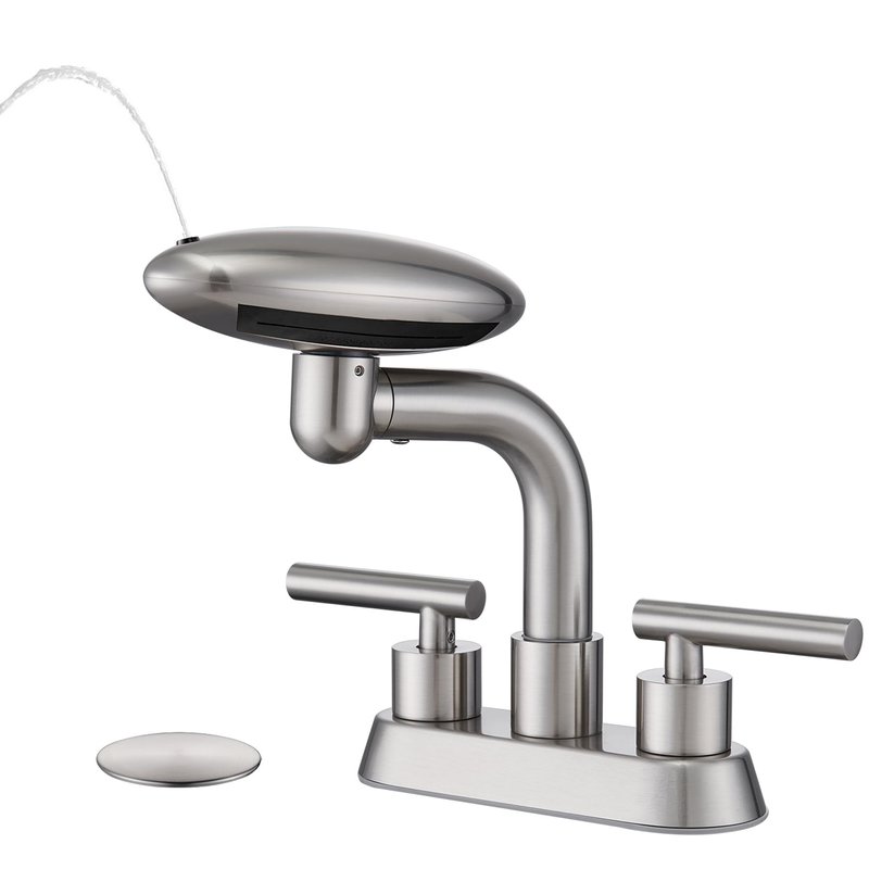Bathroom Sink Faucet 3 Hole Brushed Nickel 4 Inch Centerset，4 Modes Waterfall Bathroom Faucet 2 Handle with 360° Swivel Spout & Pop Up Drain