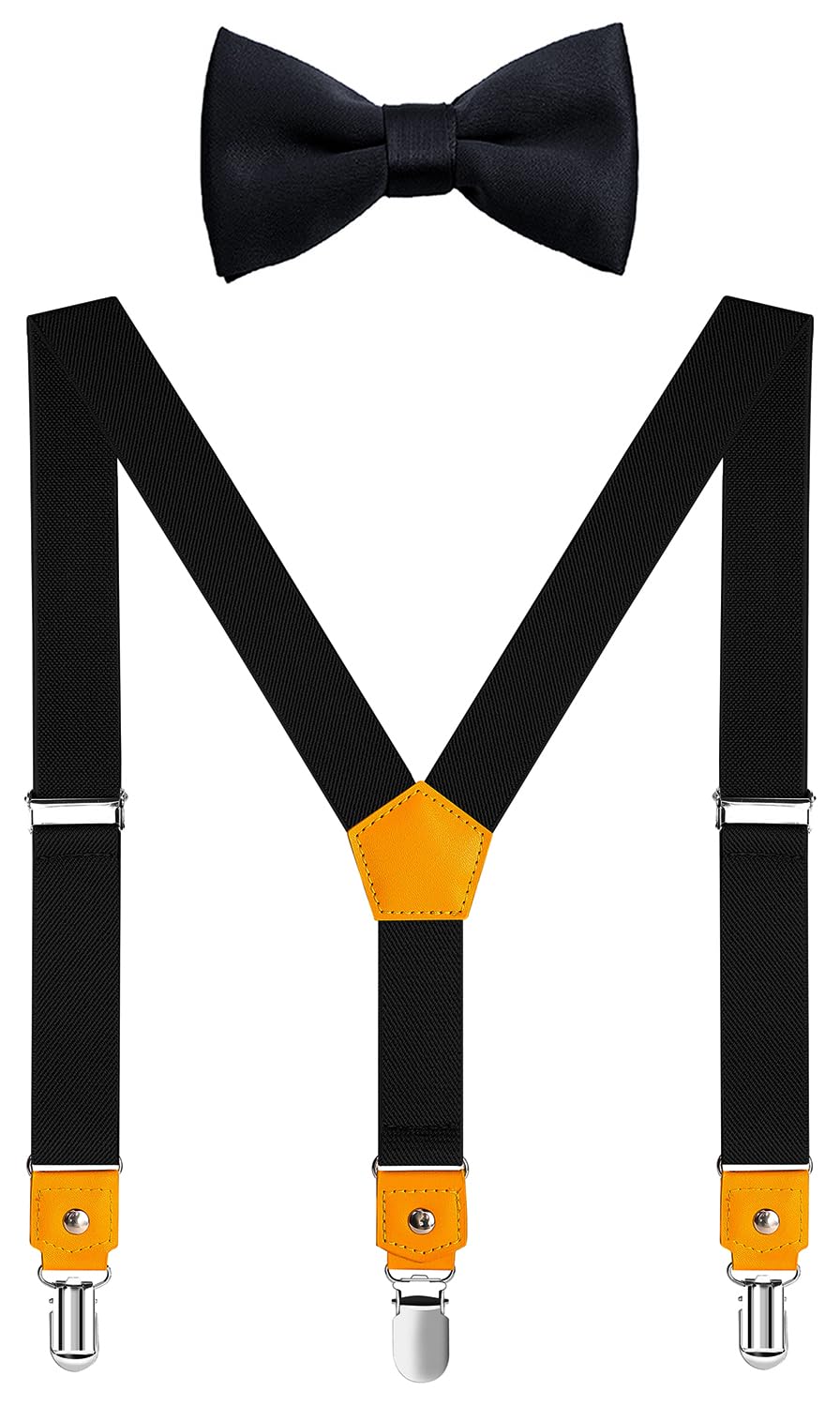JRHEJTFZ Kids Suspenders and Bow Tie Set for Boys Adjustable with 3 Strong Metal Clips Black 30"