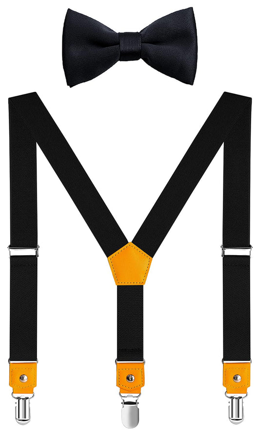 JRHEJTFZ Kids Suspenders and Bow Tie Set for Boys Adjustable with 3 Strong Metal Clips Black 30"