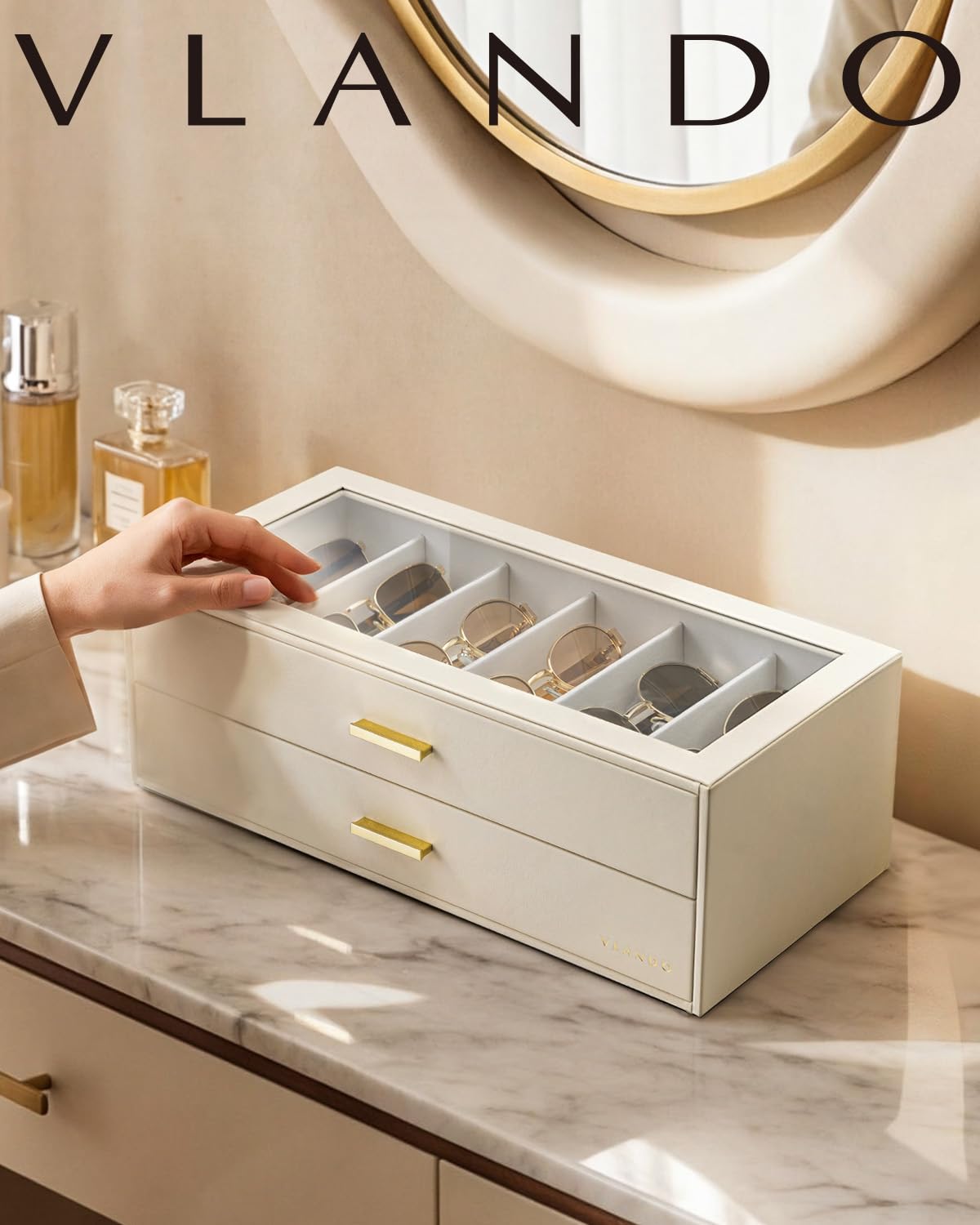 VLANDO 12-Grid Sunglasses Organizer Case, Large Capacity Eyeglass Storage Box with Clear Top Lid & 2 Drawers, PU Leather Sunglass Holder for Women Men, Ideal Gift for Eyewear Lovers - Beige