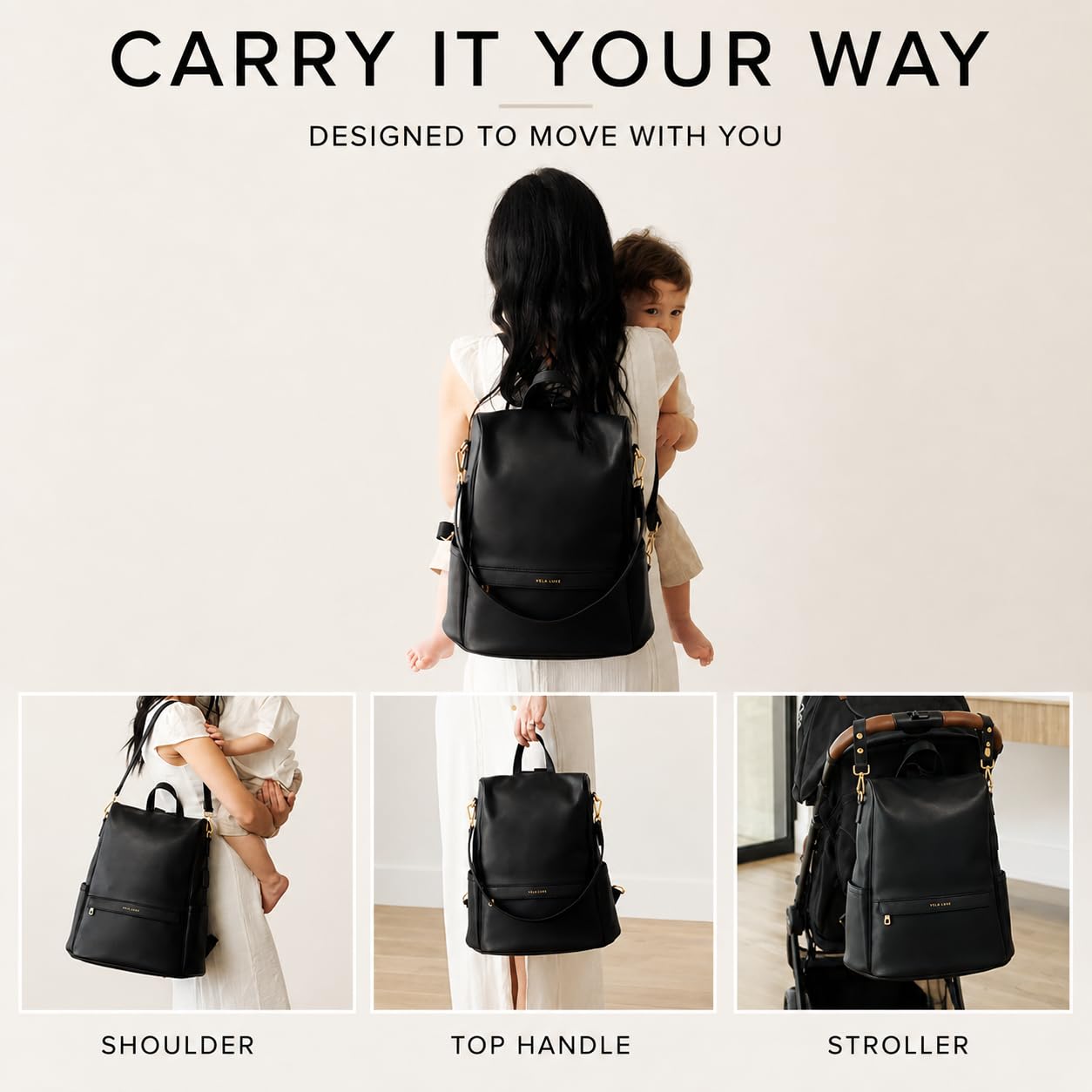 MIA + SOPHIA Leather Diaper Bag Backpack with USB Charging port, Changing Pad, Stroller Straps (Black Mia)