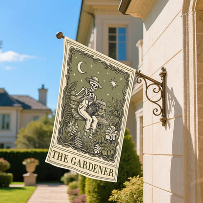 SRWNFOS The Gardener Garden Flags for Outside, Gothic Garden Flag for Plant Lover, Spooky Yard Banner for Gardener, Funny Skeleton Planting Lawn Yard Sign Decor, Halloween Gifts for Family Friends