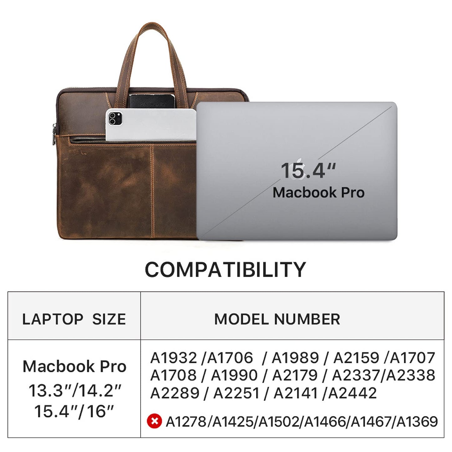 CataPurus Top Grain Leather 15.4" Slim Laptop Briefcase Handbag, Vintage Design with 5 Pockets, Handmade, Compatible with MacBook Pro/Air 13.3"/14.2"/15.4"/16" & other Laptop/Tablet, Coffee 15.4 Inch