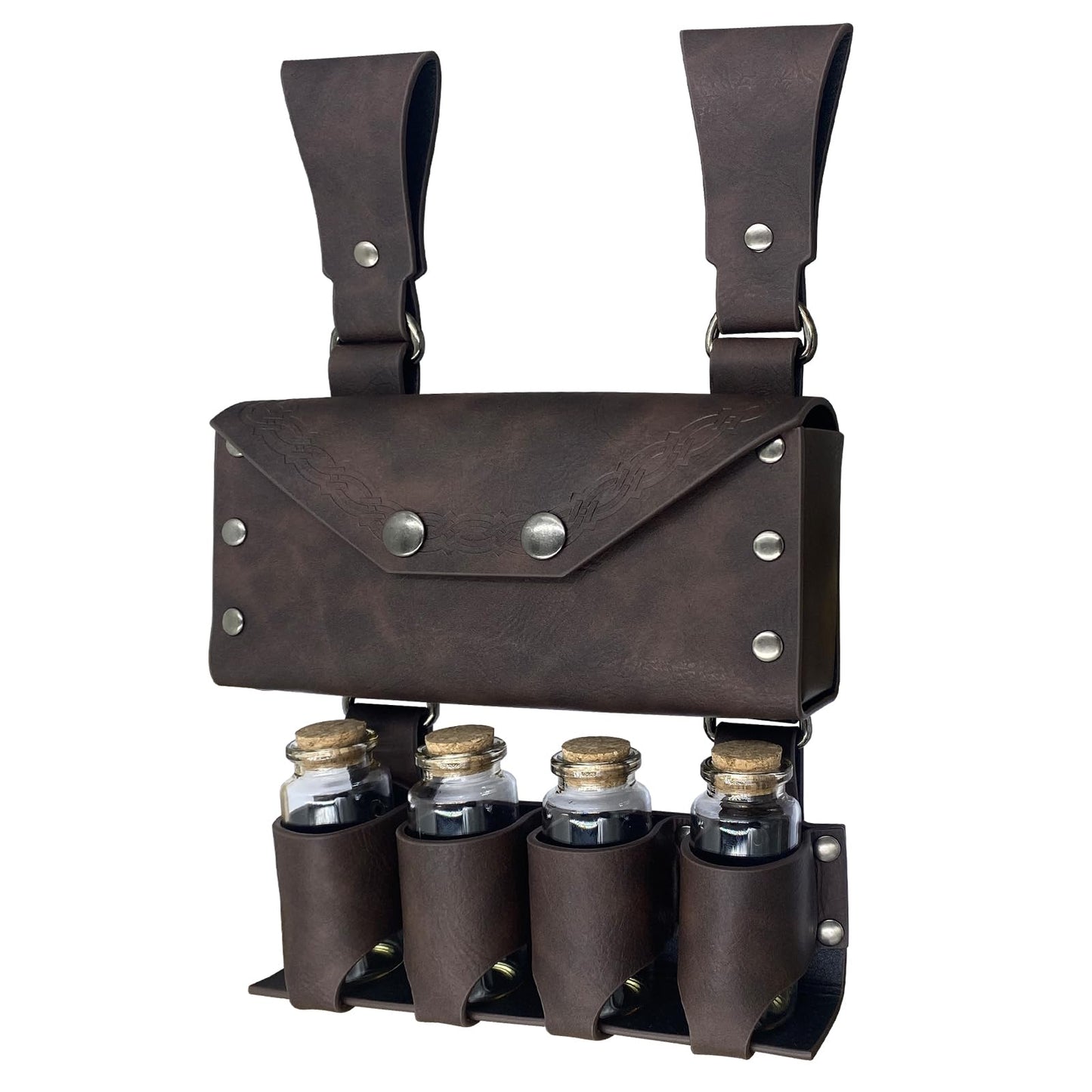 HiiFeuer Medieval Alchemy Faux Leather Belt Bag with 4 Cork Potion Vials, Fantasy Wizard Waist Pouch Side Pack for Ren Faire (Brown A)