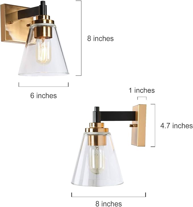 KSANA Wall Sconces, Black and Gold Wall Lights for Bedroom, Wall Mounted Lamps with Flared Glass Shade for Living Room, Bathroom,