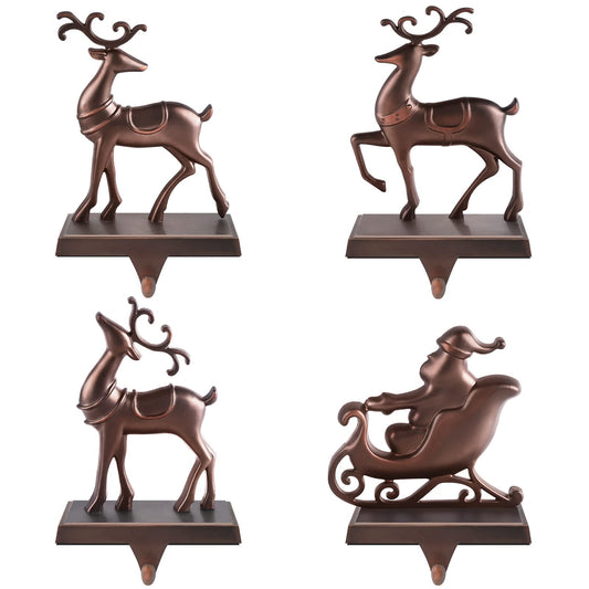 MCEAST Set of 4 Christmas Stocking Holders Santa and Reindeer Mantle Stocking Hangers Metal Christmas Hanging Hooks Safety Hanger Grips for Fireplace Decoration, Black
