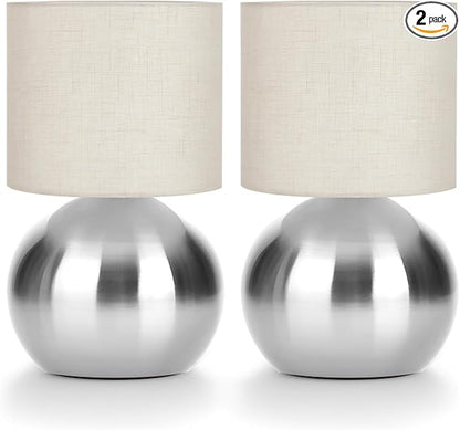 Modern Small Table Lamp Set of 2, Minimalist Nightstand Bedside Lamps with One-Button Inline Switch, 10.4 Inch Desk Light for Bedroom, Living Room,Including Light Bulb（Silvery）
