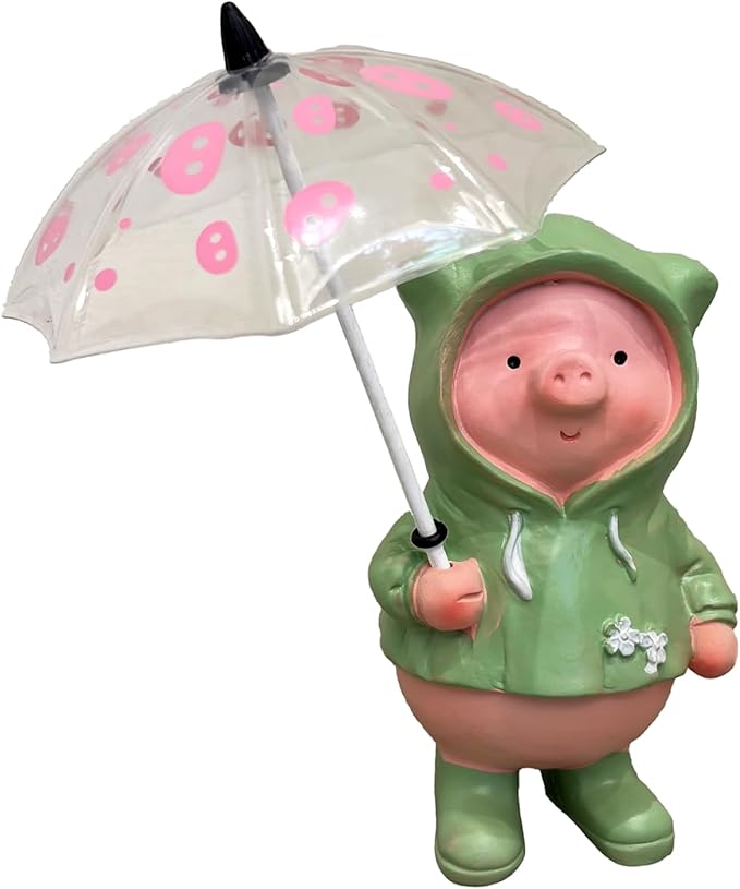Pig Statue with Umbrella Garden Decor Hand Painted Resin Home Decor Cute Rain Coat Animal Decoration Sculpture Figurine Gift for Women Kid