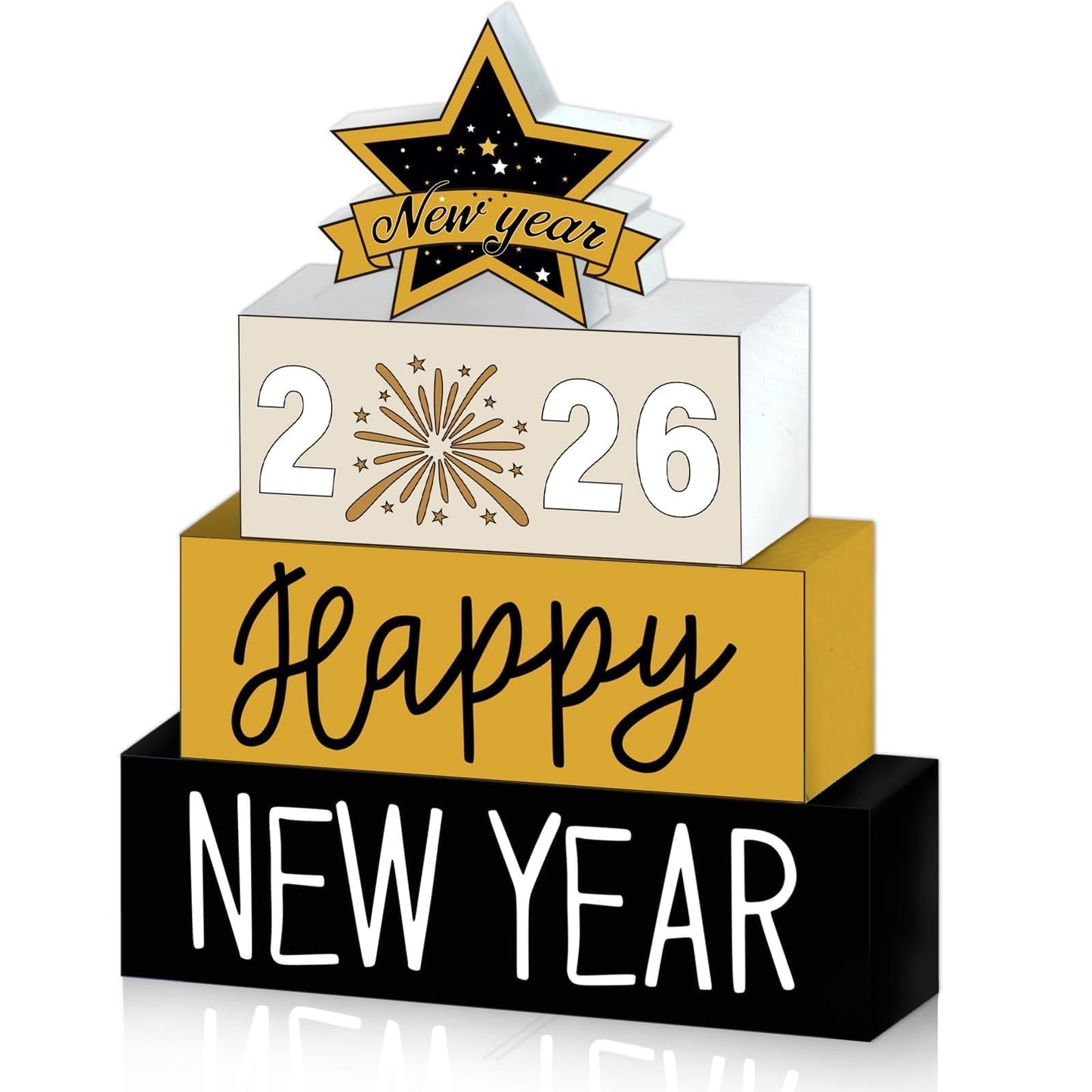 4 Pcs Wooden Happy New Year Tabletop Decor 2026 Wooden Block Signs Star Tabletop Decor Tiered Tray Rustic Table Centerpieces