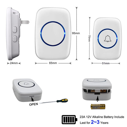 Wireless Doorbell, Waterproof Door Bell Kit, Distinguish Front and Rear Doors, Over 1000 feet Range and 60 Chime, 5 Levels Volume and LED Flash, for Home Office Classroom