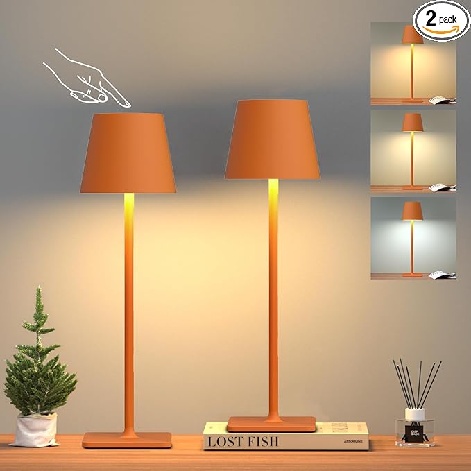 Orange Cordless Table Lamp Set of 2-3 Way and Stepless Dimmable - for Restaurant Dining Bedroom Home Bar
