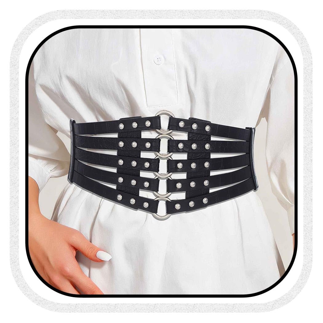 COSYDAYS Hollow Out Rivet Corset Belt Black Wide Elastic Leather Waist Belts Fashion Stretchy Belt Accessories for Women (Black)