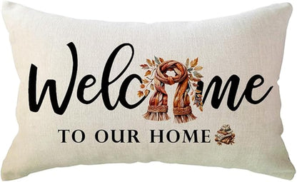 Fall Welcome Throw Pillow Covers 12 x 20 Inch Farmhouse Autumn Seasonal Holiday Decorative Lumbar Pillowcases Scarf Maple Leaves Cushion Covers for Front Porch Decor Housewarming Gifts (Brown)
