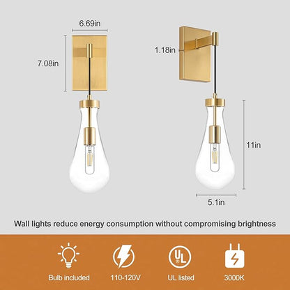 BELS 17inch Gold Wall Sconce, Modern Raindrop Shade Wall Light, 3000K Warm Light, E26, Hardwire Wall Light Fixtures for Living Room, Bedroom, Dining Room, 1 Pack(Bulb Included)