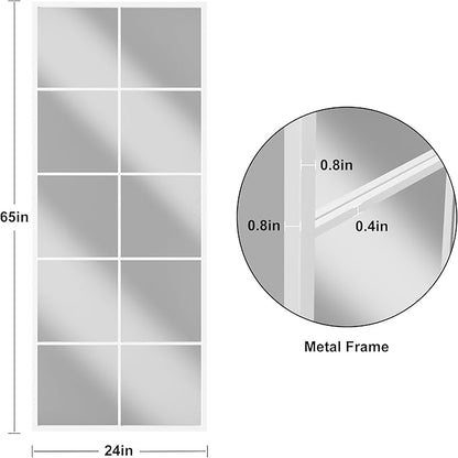 Full Length Mirror, 65"x24" Window Pane Mirror for Wall Decor, White Full Body or Wall Mounted Mirrors, Farmhouse Standing Mirrors Hanging or Leaning for Living Room, Entryway, No Stand