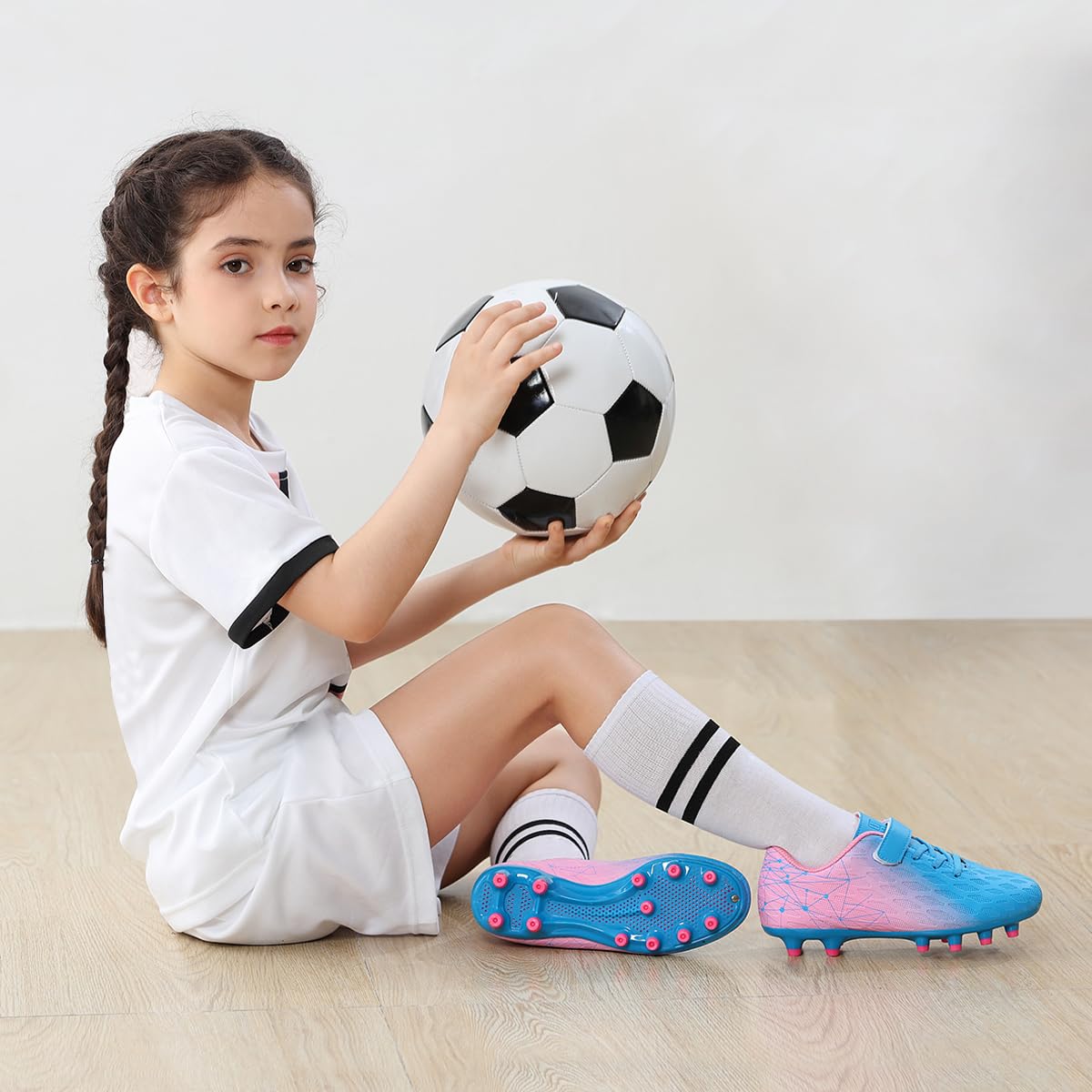 brooman Kids Firm Ground Soccer Cleats Boys Girls Athletic Outdoor Football Shoes(13,Blue Pink)
