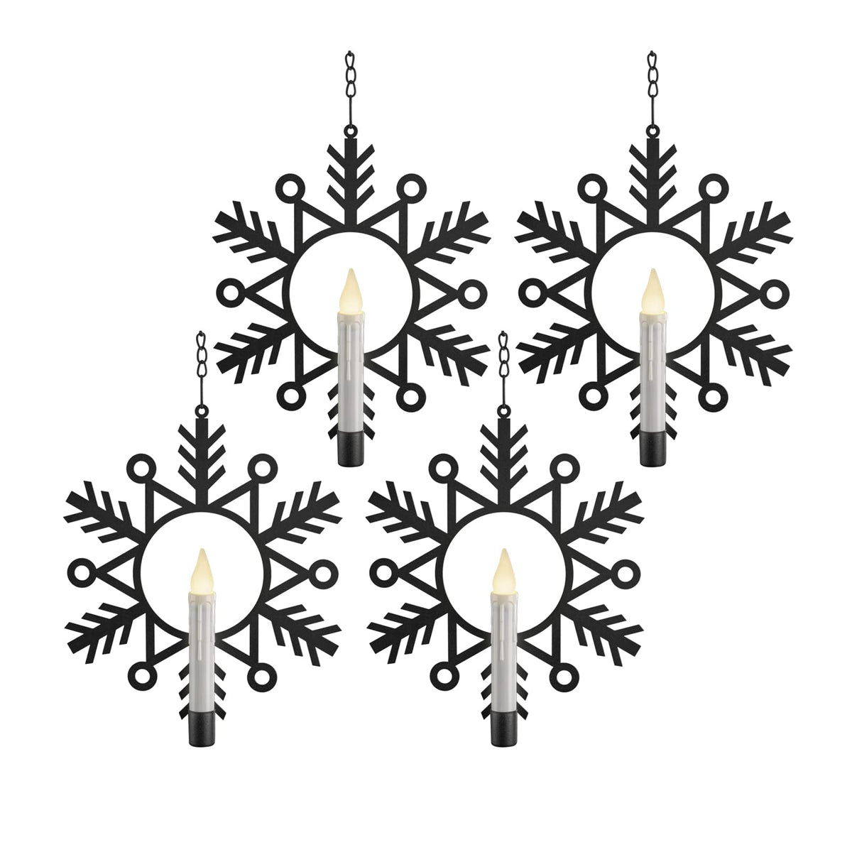 Xodus Innovations CW1500A-4 Battery Powered Metal Snowflake Window Wreath with Warm White Flickering Flameless Candle Light and Automatic Timer, Black and White, Pack of 4