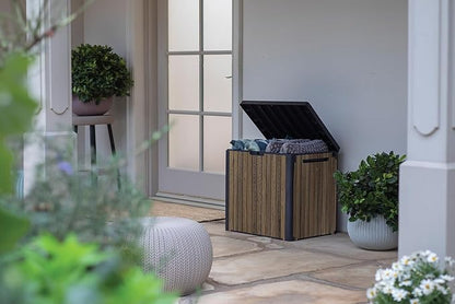 Keter Signature Everwood 30 Gallon Resin Outdoor Storage Box and Patio Furniture Side Table for Pool and Garden Accessories, Walnut