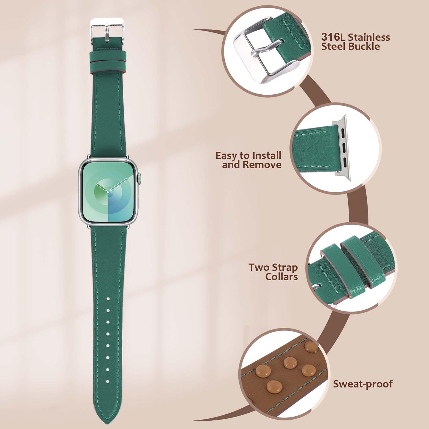 Biggyboom Soft Genuine Leather Bands Compatible with Apple Watch Band 42mm 41mm 40mm 38mm for Women Men, Sweat Wear Resistant Leather Replacement Strap for iWatch Series 11 10 9 8 7 6 SE 5 4 3 2 1