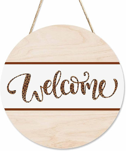 Welcome Wreath Sign Leopard Print 12 Inch Farmhouse Front Porch Decor Door Hanging Hanging Door Wall Sign