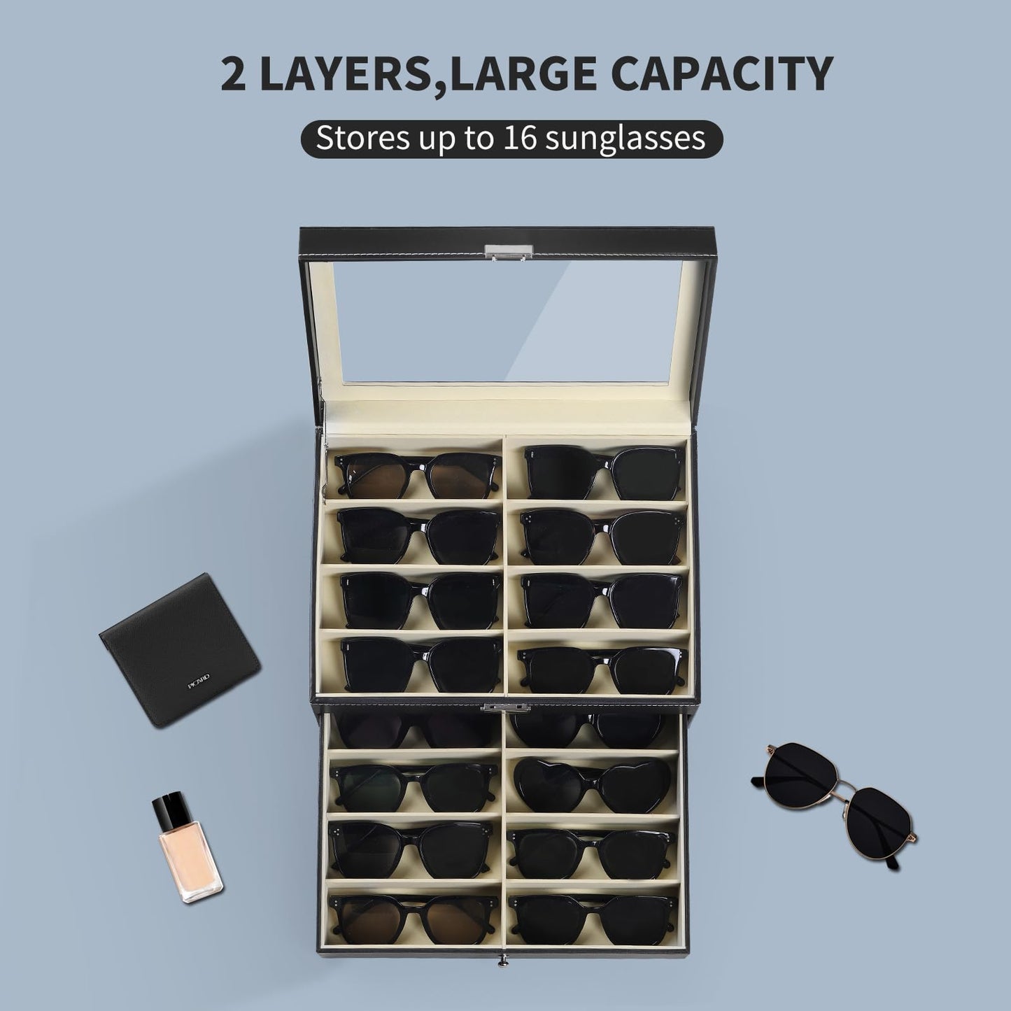 AUTOARK Leather 16 Piece Eyeglasses Storage and Sunglass Glasses Display Drawer Lockable Case Organizer,Black,AW-093