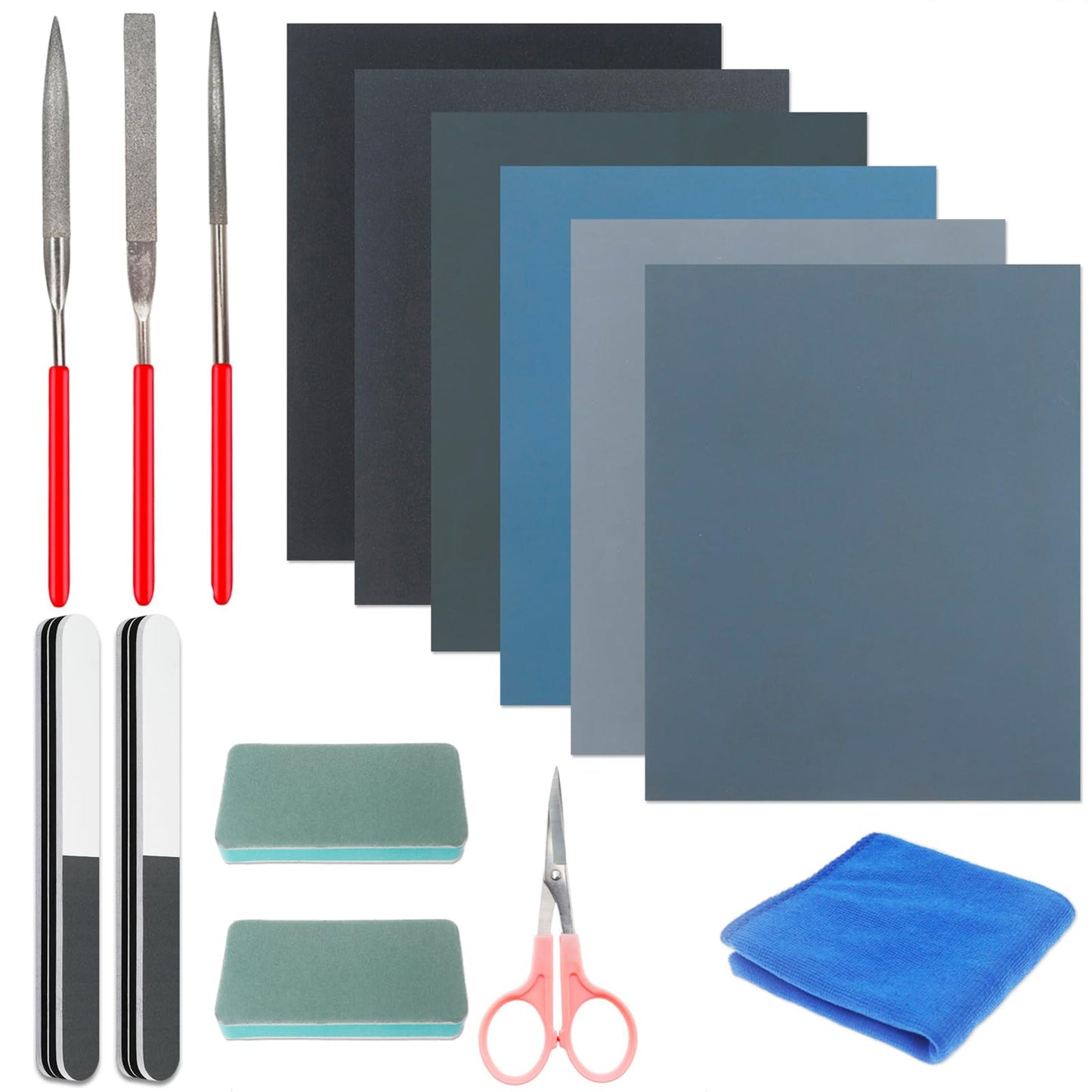 Sakolla15 Pcs Resin Casting Tools Set - Include Sand Papers, Polishing Blocks, Polishing Cloth, Round File, Semicircular File, Flat File and Scissors for Polishing Epoxy Resin Jewelry Making Supplies