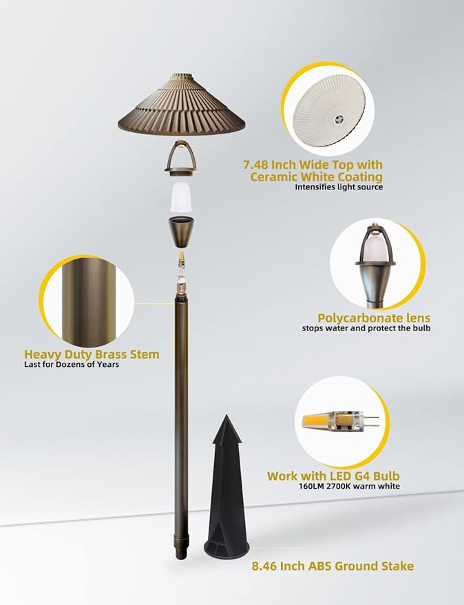 COLOER 4-Pack 12V Brass Outdoor Low Voltage Pathway Lights for Outside(Bronze,23" Tall, 7.5" Shade) with 2W 2700K G4 LED Bulb(604B)