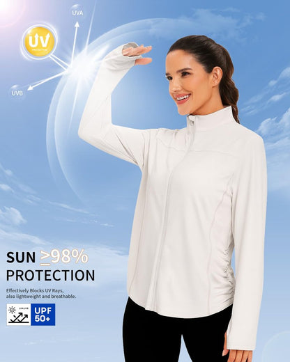 Vldnery Women's UPF 50+ Sun Protection Lightweight Jacket Zip Up Long Sleeve Sun Shirt for Women with Thumb Hole Hiking (White Large)