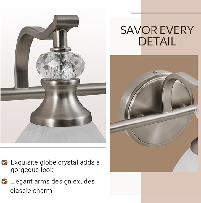 ANDY STAR Bathroom Light Fixture, 3-Light Bathroom Vanity Light Brushed Nickel, Vintage Wall Sconce with Hand-Painted Frosted Lampshade, Wall Lamp in Silver Finish for Bedroom, Living Room, Restroom
