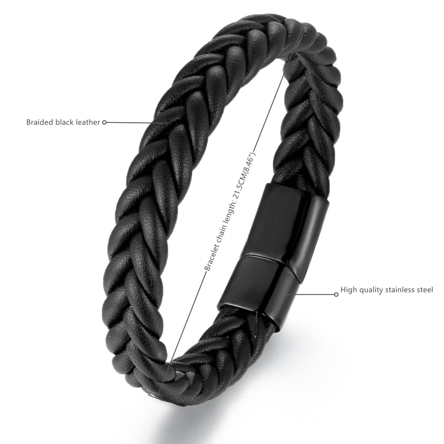 BIYONGDE Handmade Black Braided Leather Bracelet, Black Stainless Steel Clasp, Mens Cool Classic Stylish