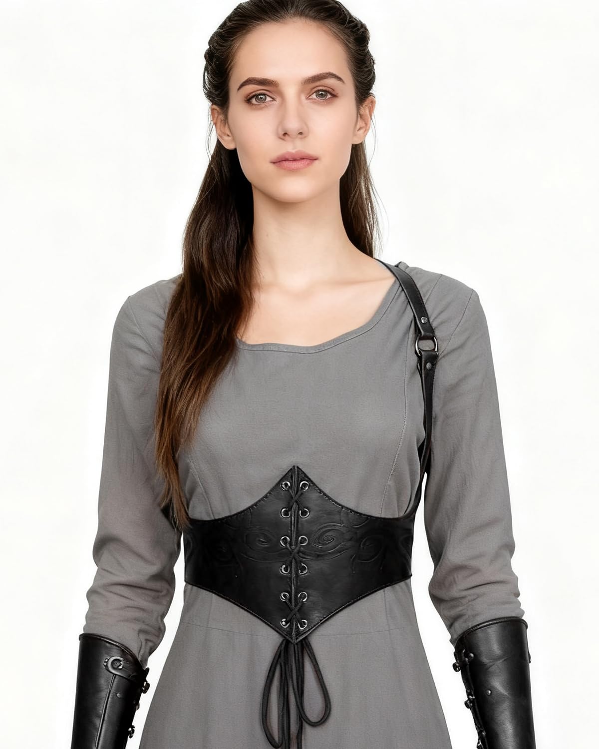 Joukavor Medieval Leather Corset Belt Renaissance Waist Cincher for Women Halloween (Black, XL)