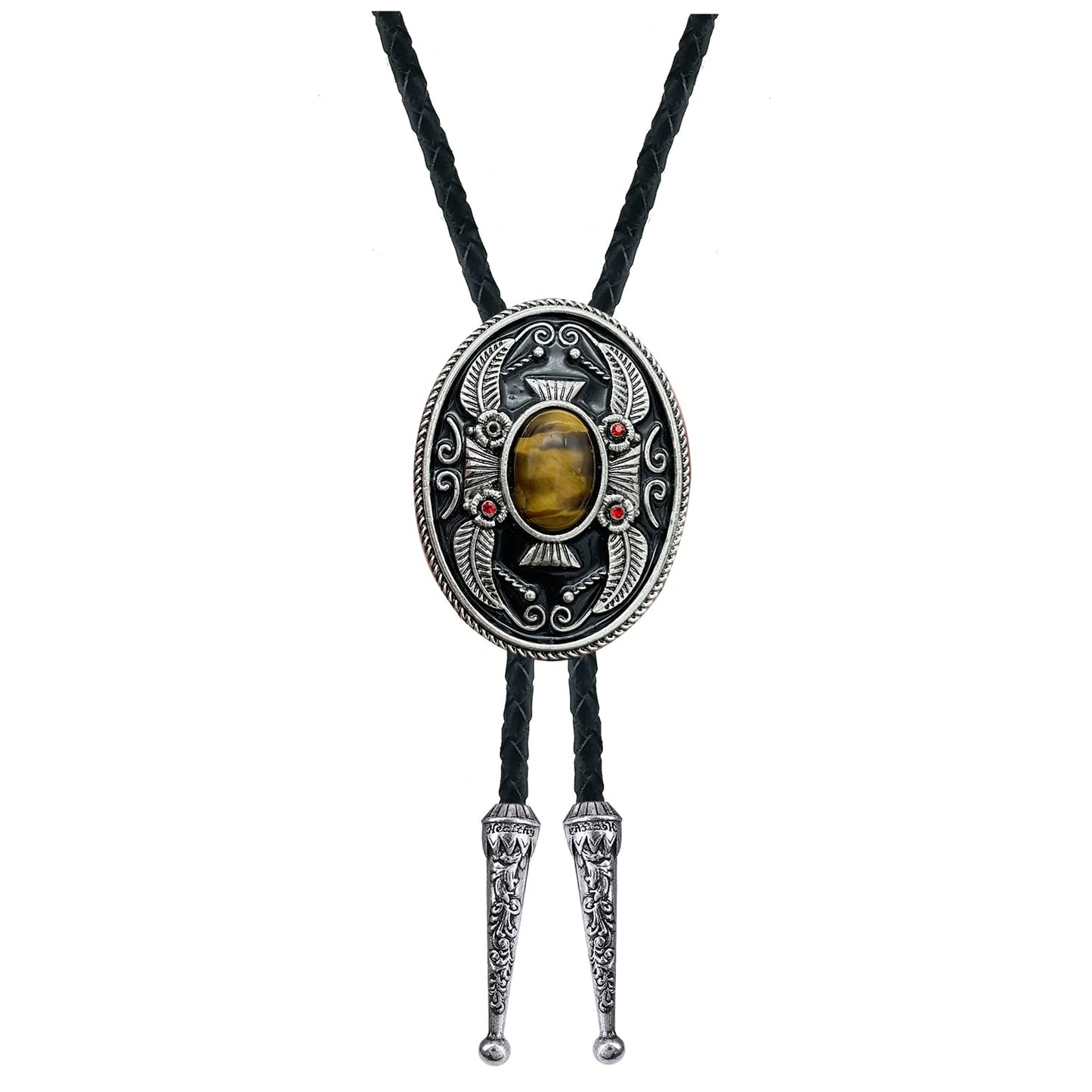 YOQUCOL Vintage Indian Art Tiger Eye Stone Black Bolo Tie American Western Cowboy Leather Necktie for Men Women