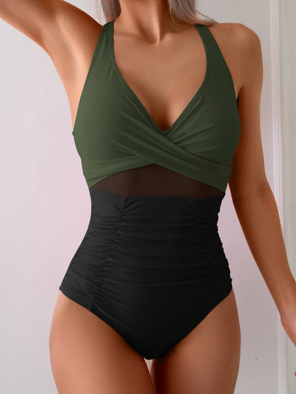 Eomenie One Piece Swimsuit for Women Tummy Control Mesh High Waisted Bathing Suit Wrap Tie Back Swimwear Army Green