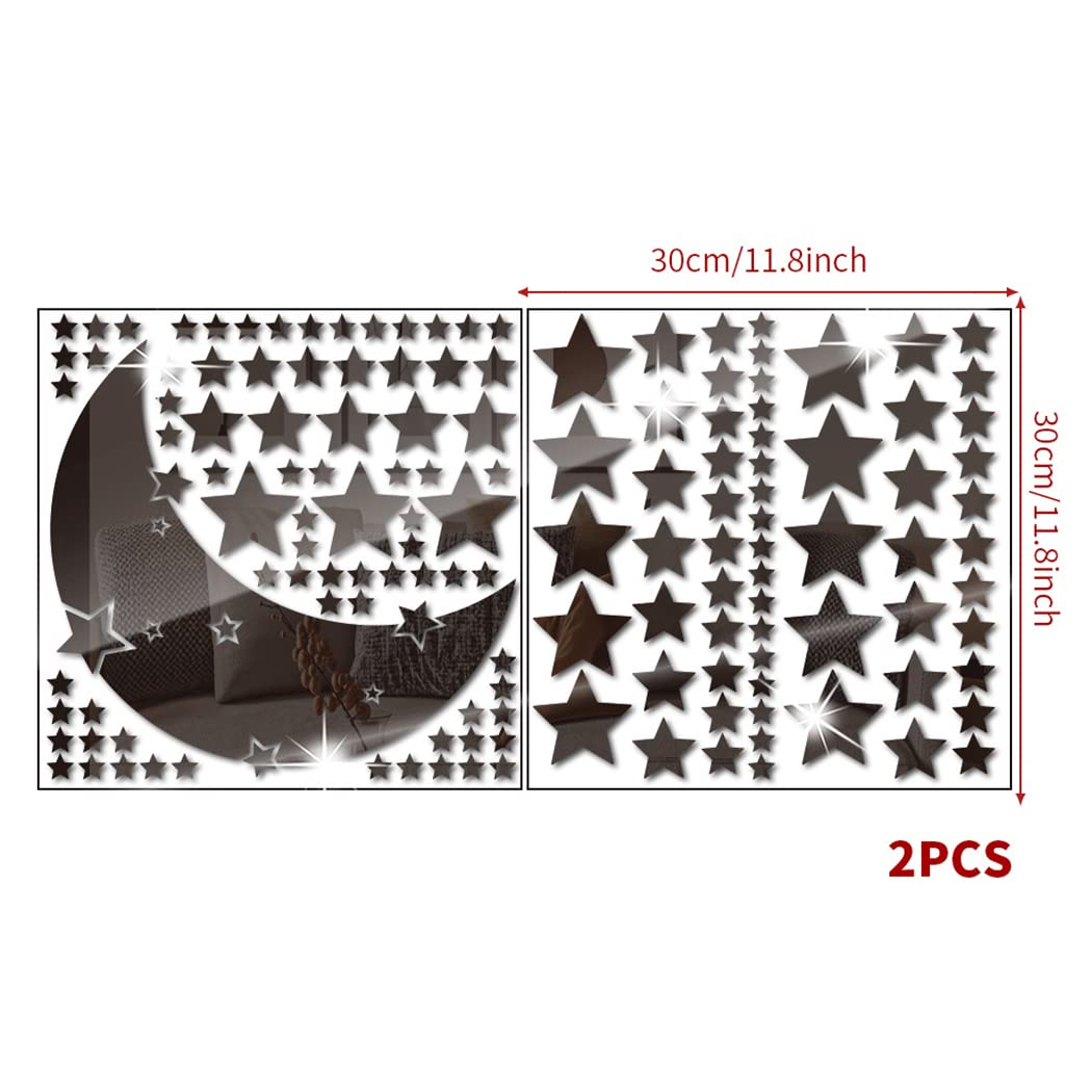 Moon Star Mirror Wall Stickers, 146 PCS Stars & Crescent Moon, 3D Art Decals for Baby Kid Bedroom & Living Room (Black)