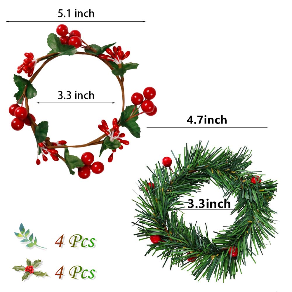 YBB 8Pcs Christmas Candle Rings, Small Artificial Red Berry Wreath Candle Holder Rings, Fits 3 Inch Pillars Candle Tapers for Rustic Wedding Centerpiece Christmas Table Decoration