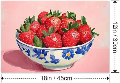 Yesad Strawberry Wall Art Print, Pink Kitchen Wall Décor Fruits Prints Canvas Wall Art Vintage Painting Pictures Modern Wall Décor for Living Room Dining Room Bedroom (Unframed,18”x12”, Strawberry)