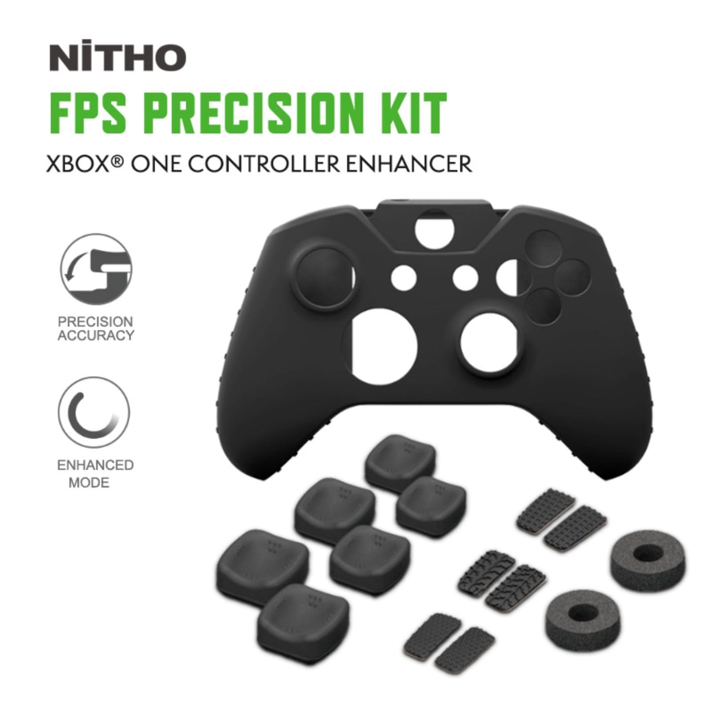 NiTHO FPS Controller Precision Kit for Xbox One, 1x Silicone Protective Cover Case, Set of 2 Mini-Stick Precision Rings, 3 Sizes Concave Thumb Grips Sets, 3 Textures Rubber Triggers Sets - Black