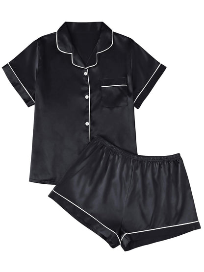 LILLUSORY Silk Satin Pajama Set for Women 2 Piece Lounge Pjs Shorts Matching Summer Sleepwear Button Down Shirt Shorts Black XS