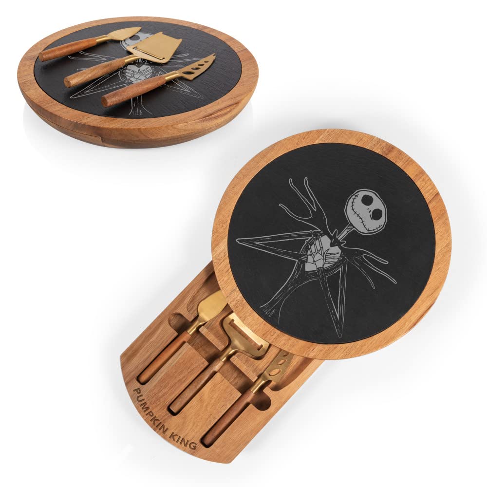TOSCANA - a Picnic Time brand - Disney Nightmare Before Christmas Jack Insignia Cheese Board & Knife Set, Charcuterie Board, Serving Platter, (Acacia Wood & Slate Black with Gold Accents)