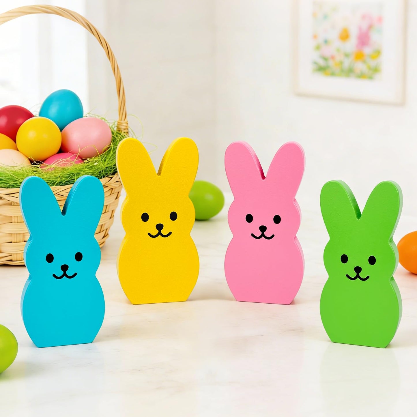 Easter Decorations - 4 PCS Wooden Bunny Decor for Home Table, Spring Peeps Signs Centerpiece for Office Mantel Tiered Tray, Easter Basket Stuffers Party Essentials Gifts for Classroom Indoor Shelf