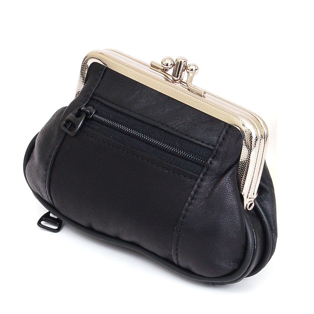 Womens Leather Mini Wallet ID Credit Cards Cash Coin Holder Case Organizer Puse with Framed & Zipper Closures - Black
