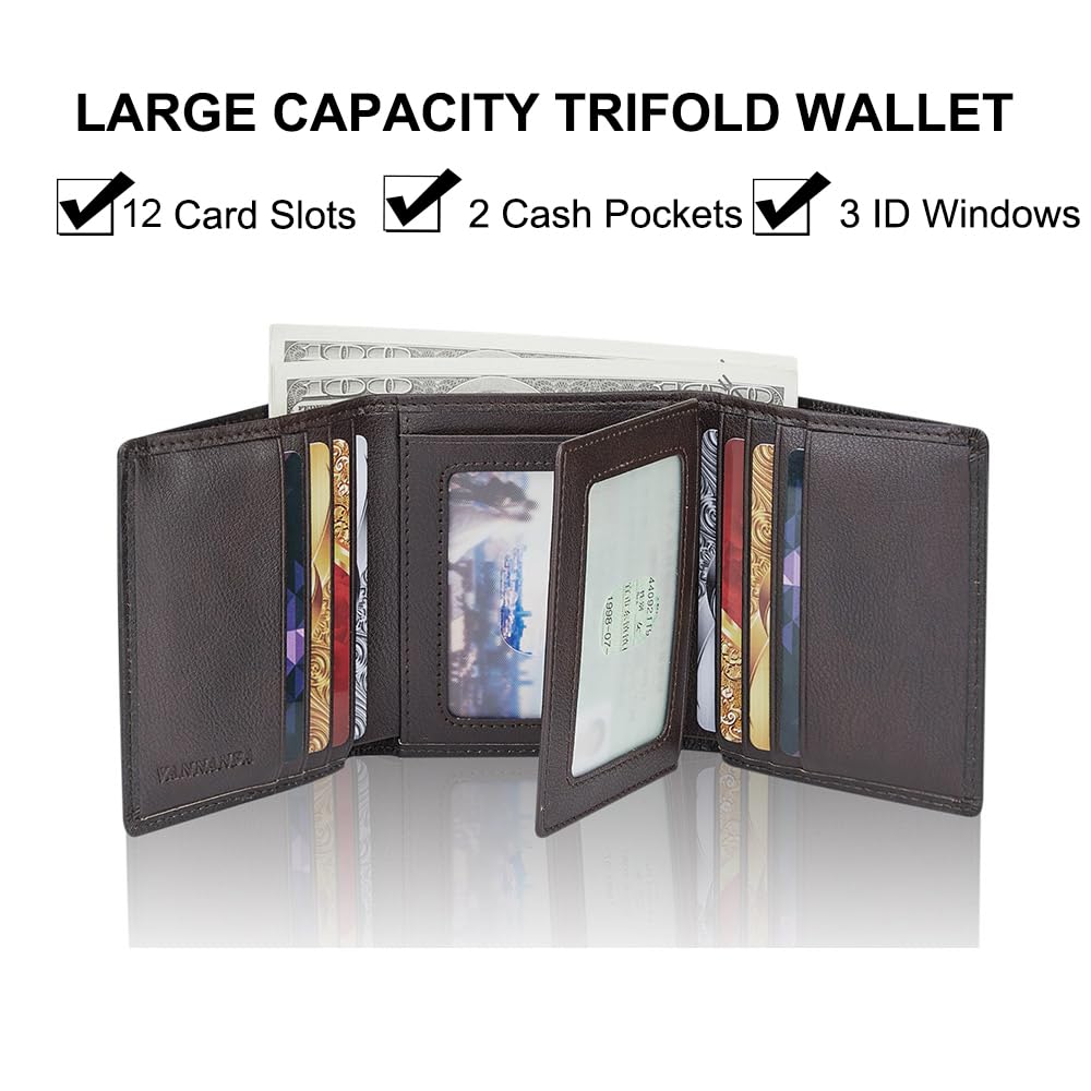 VANNANBA Men's Leather Trifold Wallet with Folded ID Windows,12 Card Slots & 2 Note pockets(Dark Brown)