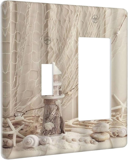 Nautical Coastal 2 Gang Light Switch Covers Seashell Fishing Net Ocean Lighthouse Starfish Single Toggle Rocker Combo Wall Plate Electrical Faceplate Decorative Switchplate Beach Theme Decor