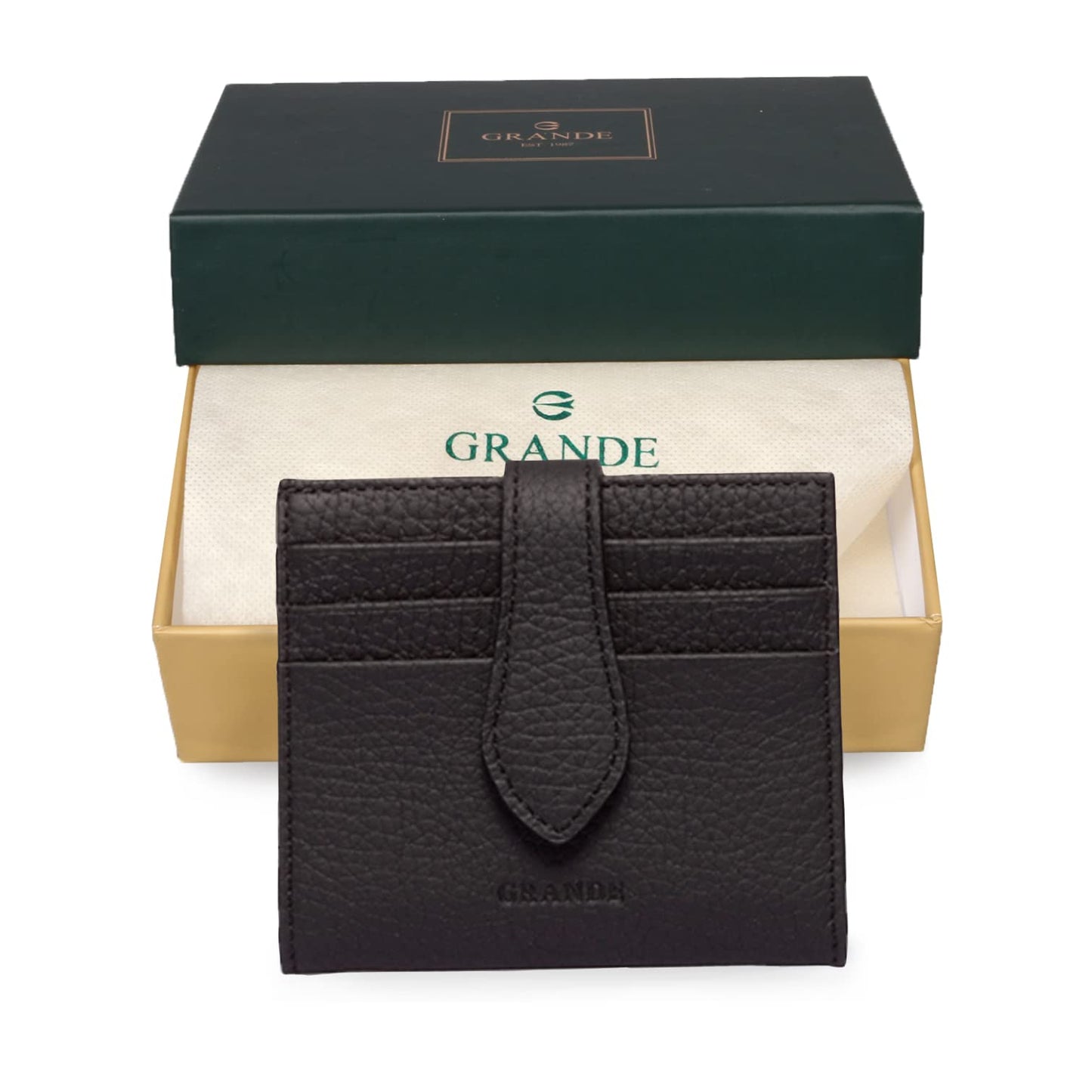 grande 3803 Genuine Leather Card Holder For Women and Men Slim Minimalist Card Case Small Snap Wallet (Black)