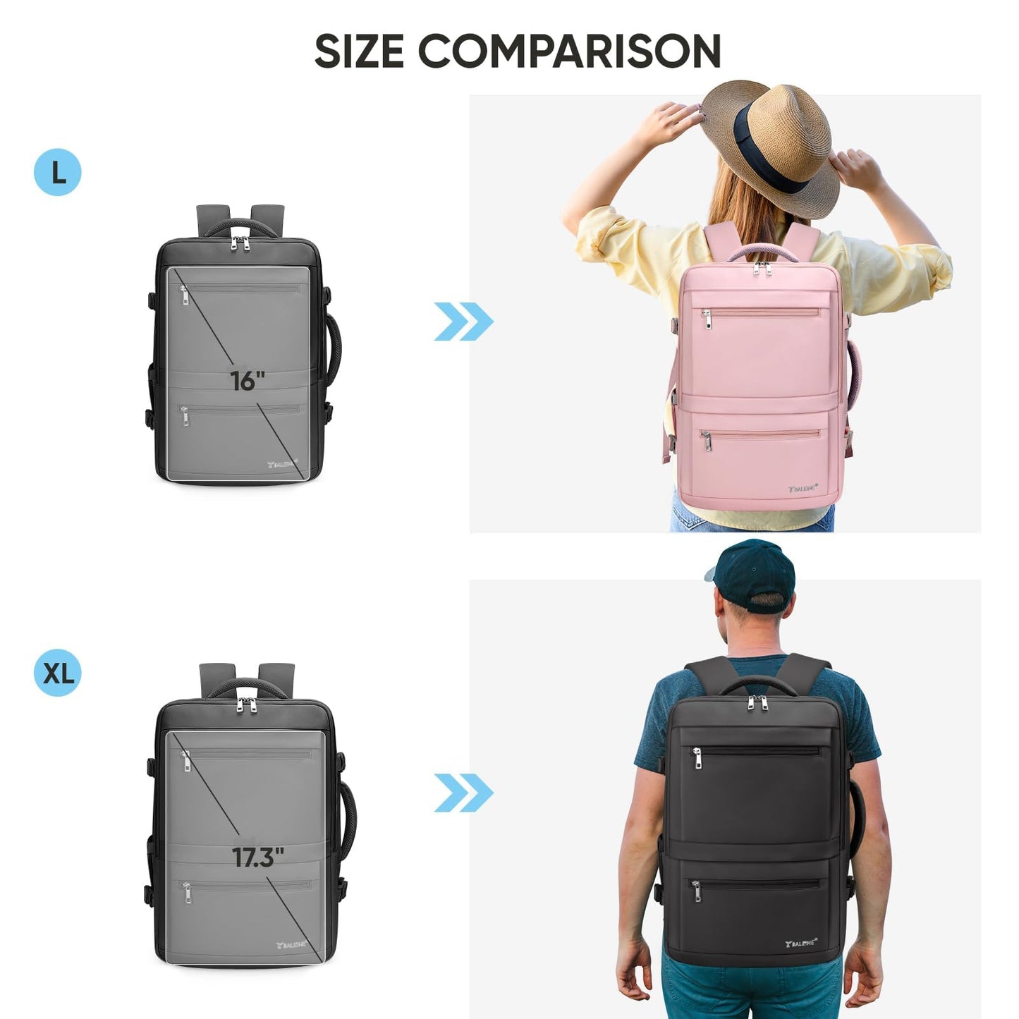 BALEINE Travel Backpack for Women Men, Large Sturdy Carry On Laptop Backpack Gifts for Business, Casual, Weekender, Hiking (Large, Black)