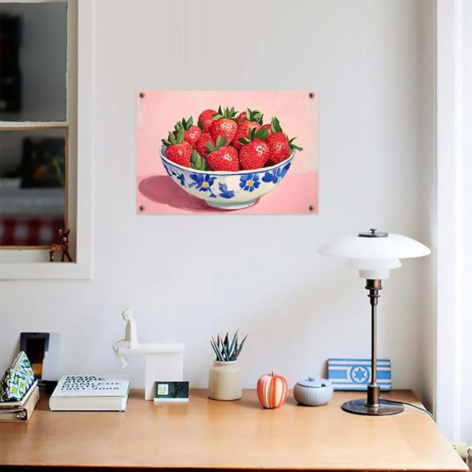 Yesad Strawberry Wall Art Print, Pink Kitchen Wall Décor Fruits Prints Canvas Wall Art Vintage Painting Pictures Modern Wall Décor for Living Room Dining Room Bedroom (Unframed,30”x20”, Strawberry)